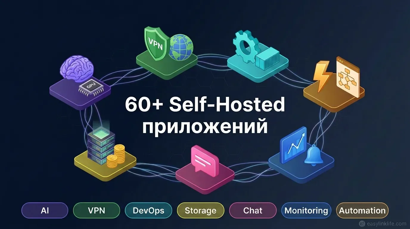 60+ self-hosted приложений для VPS 2026 по 7 категориям: AI/ML, VPN, DevOps, Storage, Chat, Monitoring, Automation