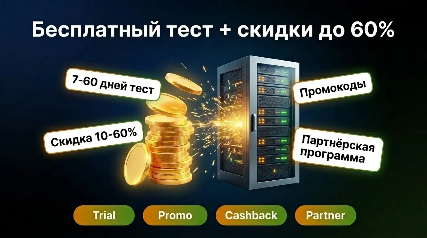 Бесплатные тесты VPS + скидки до 60% в 2026: trial 7-60 дней, промокоды, cashback, партнёрские программы
