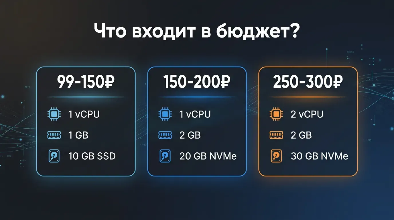 Что дают за 99-299 ₽/мес в 2026: 99-150 ₽ (1 vCPU/1 ГБ/10 ГБ SSD), 150-200 ₽ (1 vCPU/2 ГБ/20 ГБ NVMe), 250-300 ₽ (2 vCPU/2 ГБ/30 ГБ NVMe)