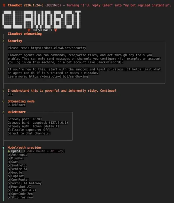 Интерфейс чат-бота OpenClaw (ClawdBot) в Telegram