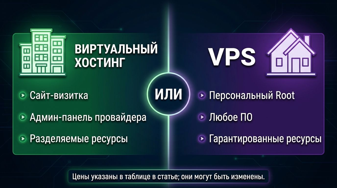 Виртуальный хостинг против VPS: слева сайт-визитка, панель провайдера и разделяемые ресурсы, справа свой root, любое ПО и гарантированные ресурсы