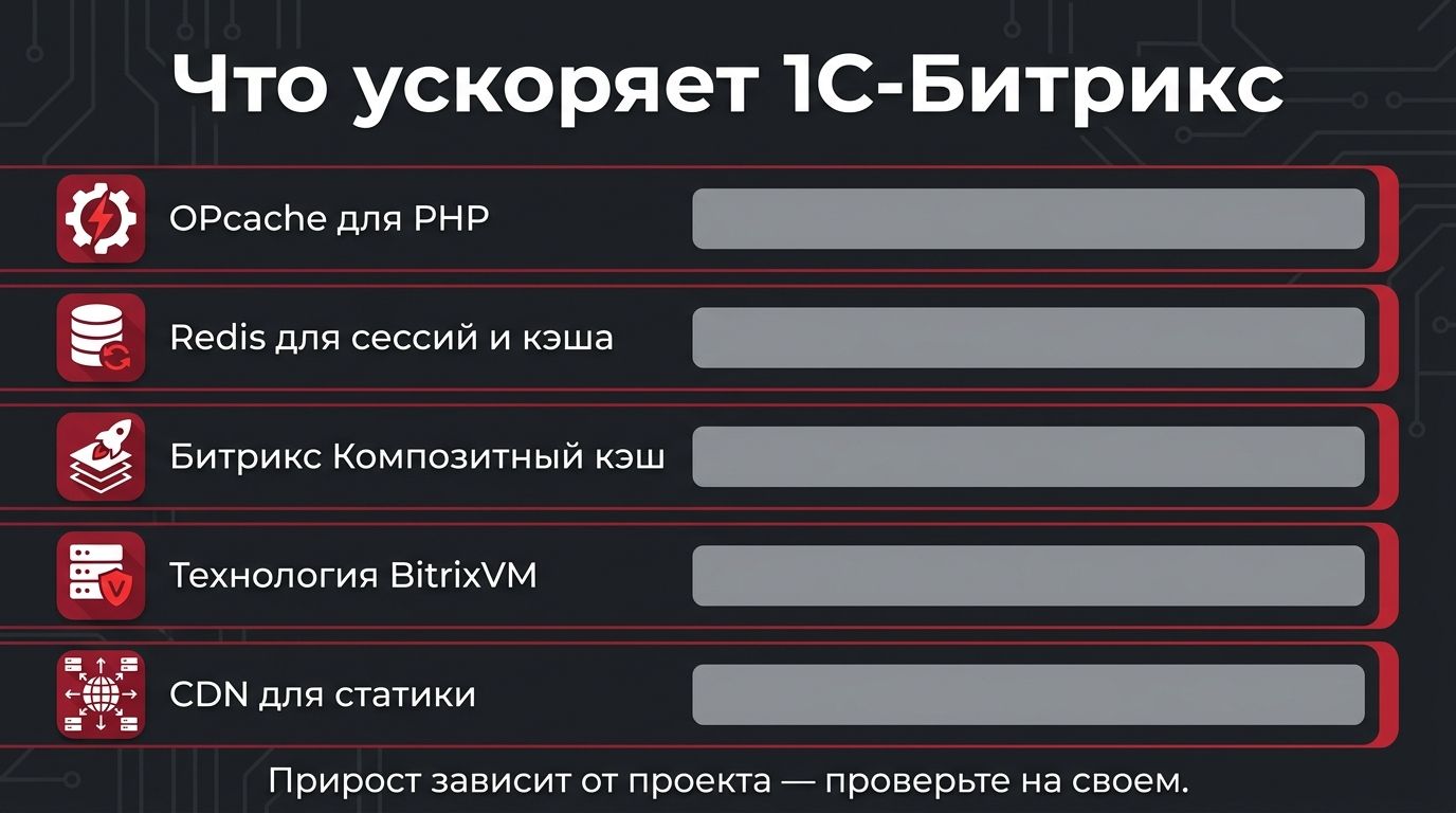 Что ускоряет 1С-Битрикс на VPS: OPcache для PHP, Redis для сессий и кэша, композитный кэш Битрикса, технология BitrixVM и CDN для статики