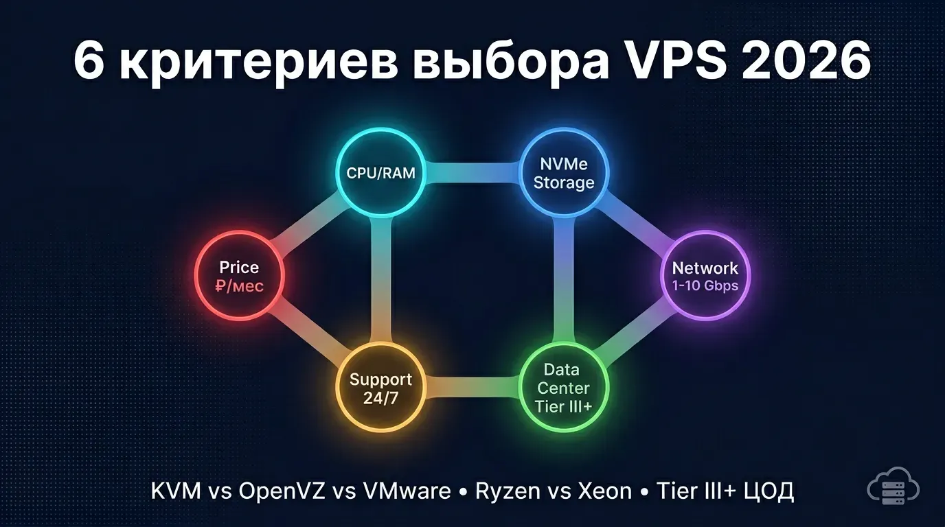 6 критериев выбора VPS хостинга 2026: CPU/RAM, NVMe Storage, Network 1-10 Gbps, Tier III+ ЦОД, Support 24/7, цена ₽/мес
