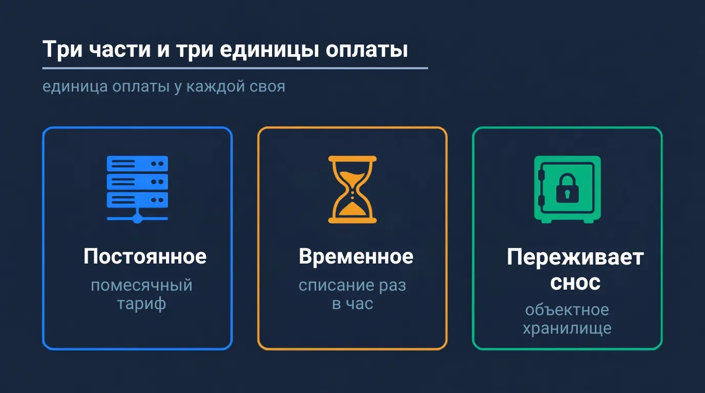 Три карточки: постоянное окружение по месячному тарифу, временные среды с почасовым списанием, объектное хранилище