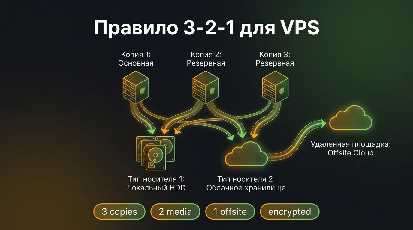 Правило 3-2-1 для VPS 2026: 3 копии данных на 2 носителях (локальный HDD + облако), 1 offsite и шифрование бэкапов