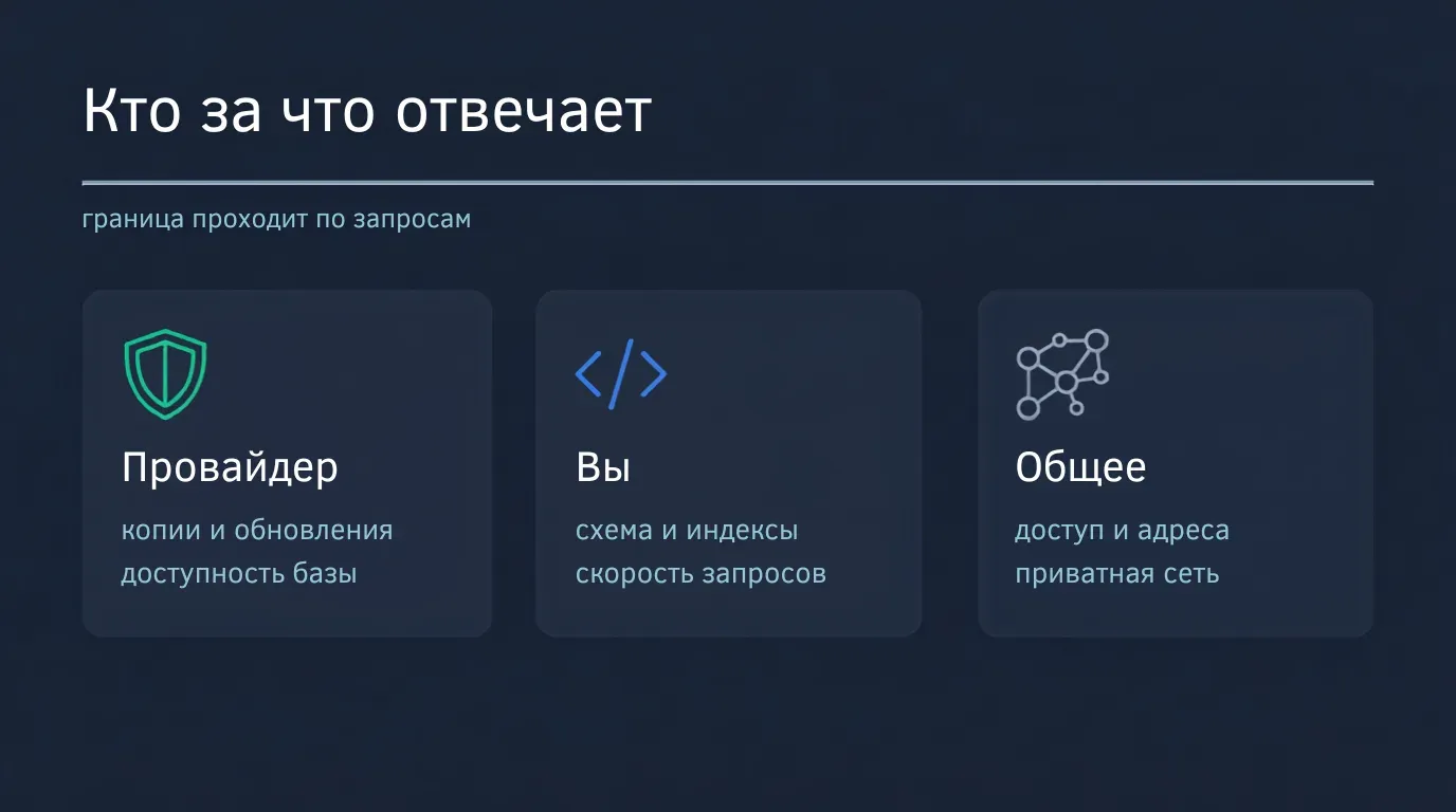 Кто за что отвечает у управляемой базы: провайдер за копии и доступность, вы за схему и скорость запросов
