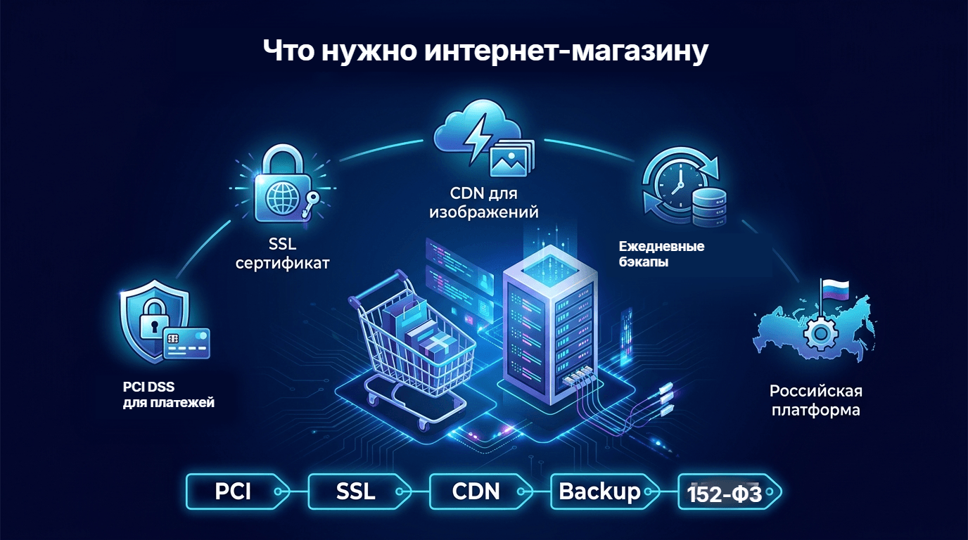Что нужно интернет-магазину: SSL-сертификат, PCI DSS для платежей, CDN для изображений, ежедневные бэкапы и российская платформа по 152-ФЗ