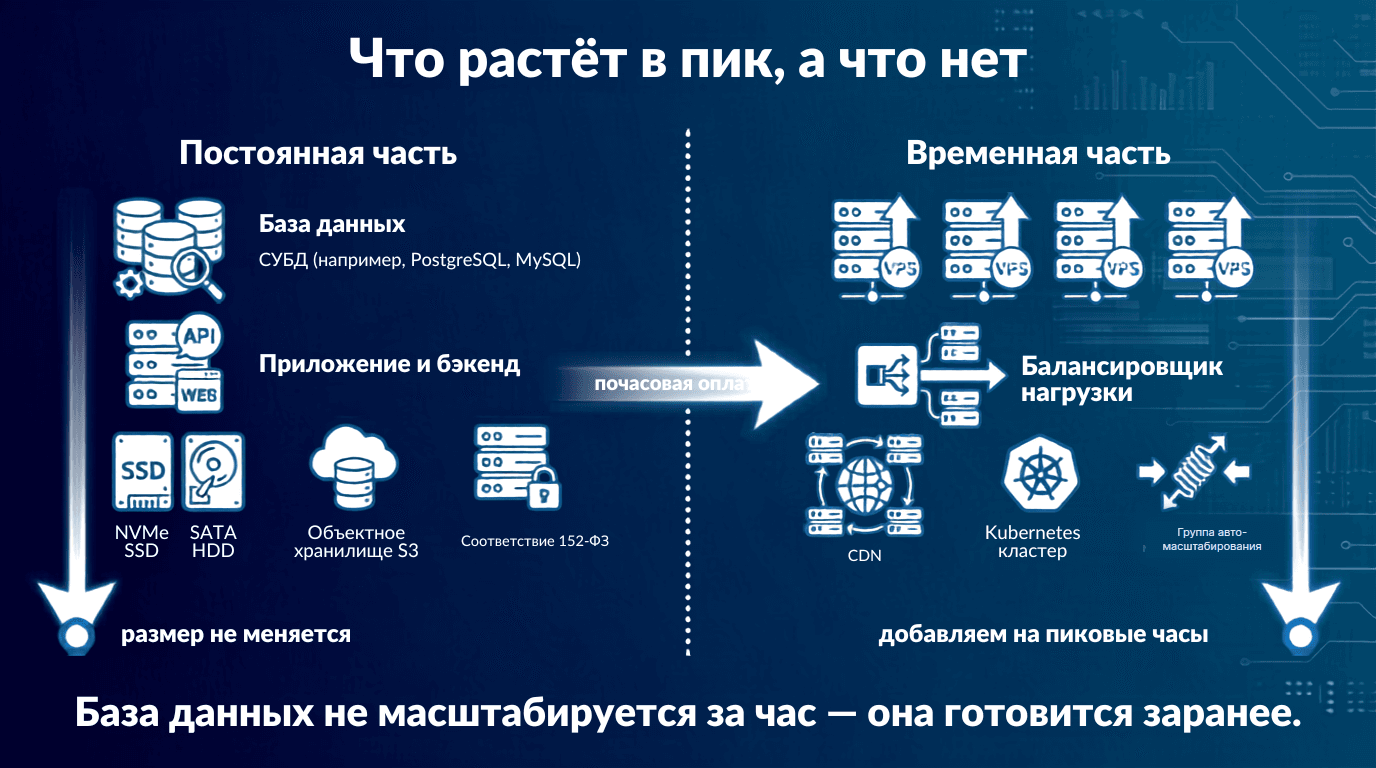 Что растёт в пик, а что нет: постоянная часть — база данных и приложение, временная — копии серверов и балансировщик с почасовой оплатой