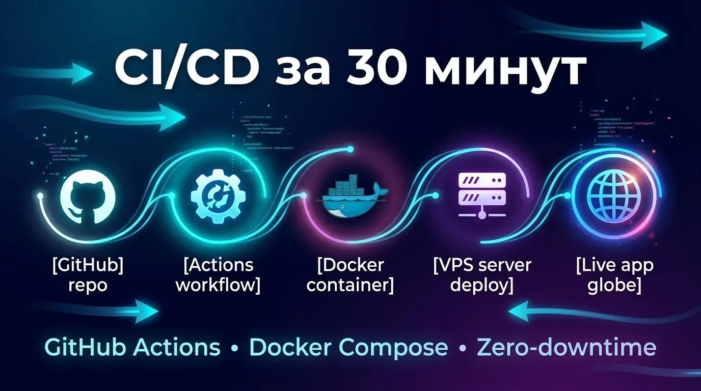 CI/CD за 30 минут 2026: pipeline GitHub repo → Actions workflow → Docker container → VPS server → Live app с zero-downtime