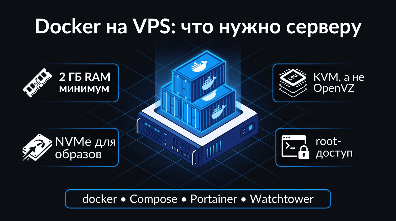 Что нужно серверу под Docker: 2 ГБ RAM минимум, NVMe для образов, виртуализация KVM вместо OpenVZ и root-доступ