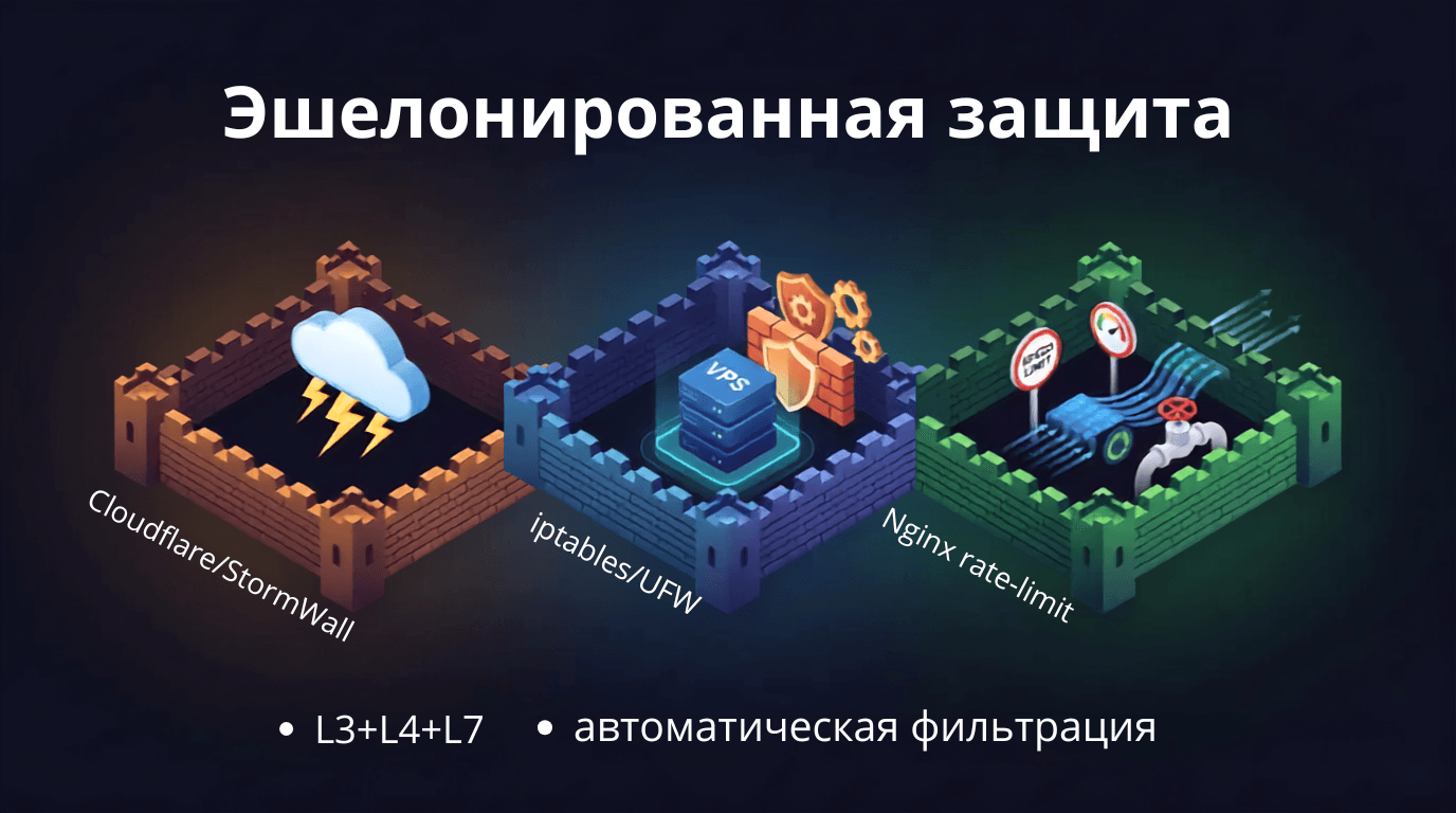 Эшелонированная защита от DDoS: внешний рубеж Cloudflare или StormWall, затем iptables и UFW на сервере, затем ограничение частоты запросов в Nginx