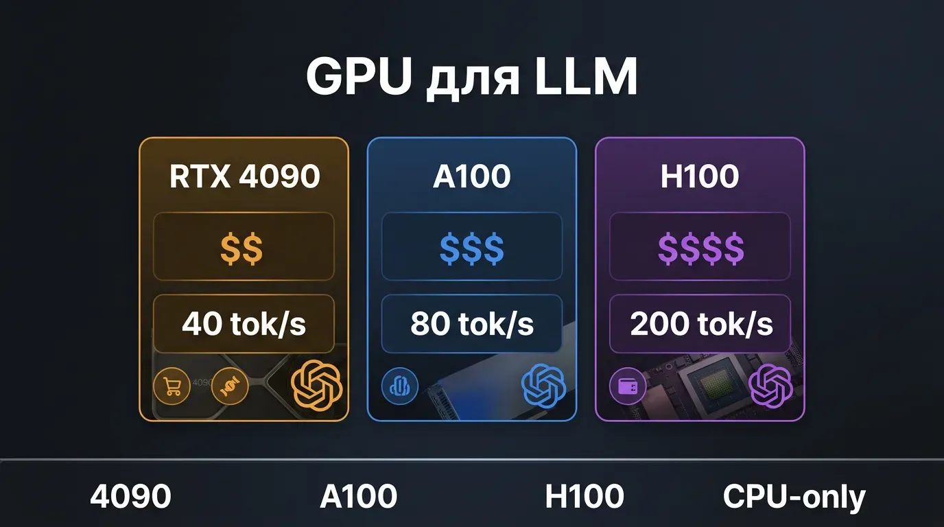 GPU для локальных LLM 2026: RTX 4090 (40 tok/s, $$), A100 (80 tok/s, $$$), H100 (200 tok/s, $$$$), сравнение производительности