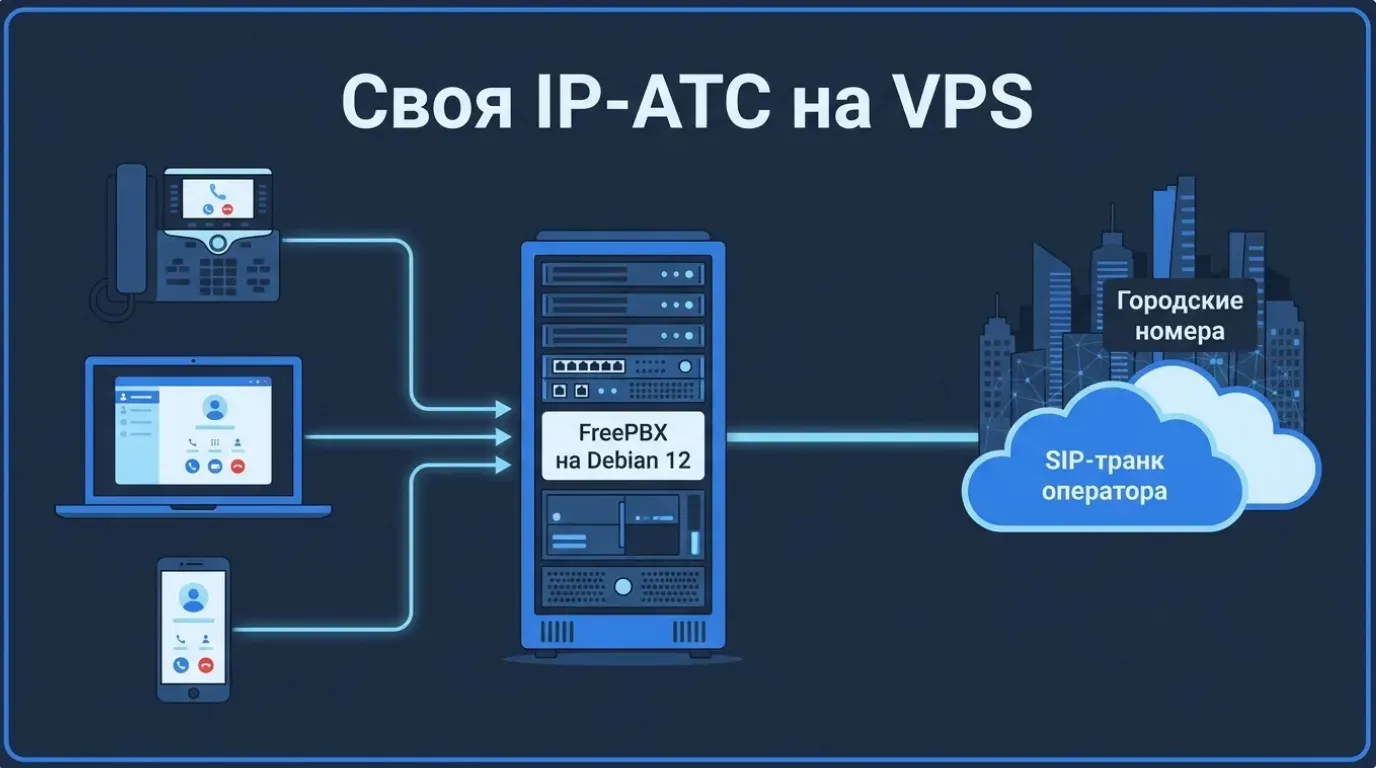 Офис с IP-телефонами и VPS с FreePBX, соединённые через SIP-транк оператора с городской телефонной сетью