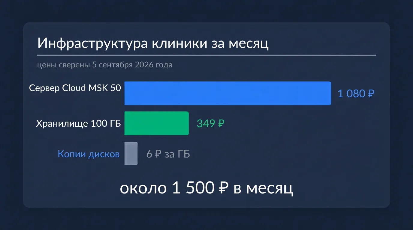Смета инфраструктуры клиники на месяц: сервер, объектное хранилище и резервные копии дисков