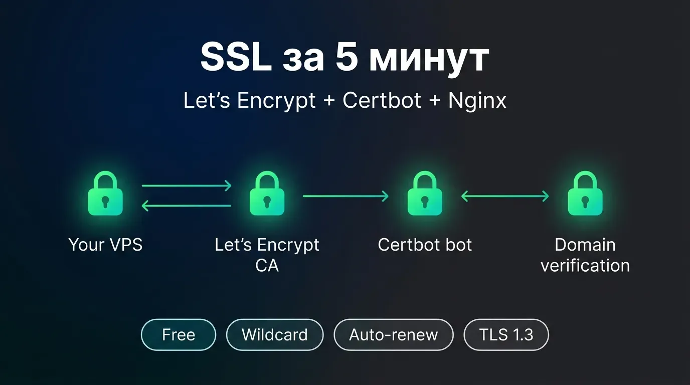 Архитектура Let's Encrypt на VPS: Your VPS ↔ Let's Encrypt CA ↔ Certbot bot ↔ Domain verification — SSL за 5 минут