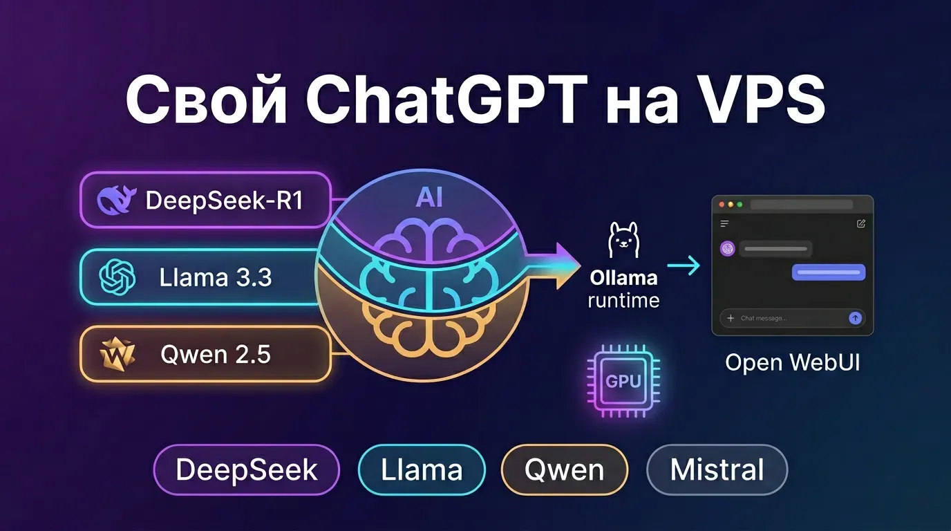 Архитектура локального LLM на VPS 2026: DeepSeek-R1, Llama 3.3, Qwen 2.5 через Ollama runtime с Open WebUI и GPU