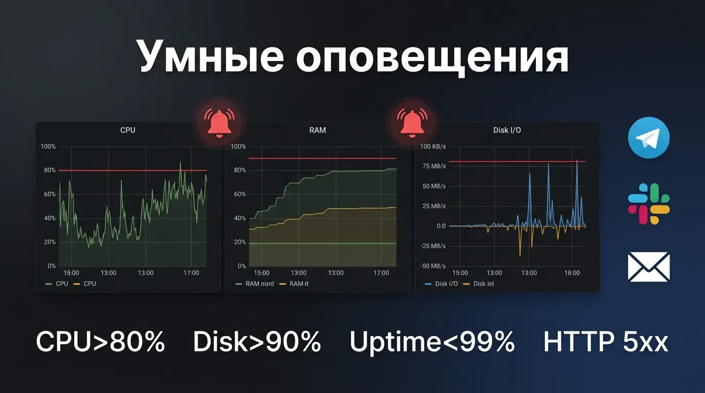 Умные оповещения Grafana 2026: дашборды CPU, RAM, Disk I/O с алертами — пороги CPU>80%, Disk>90%, Uptime<99%, HTTP 5xx