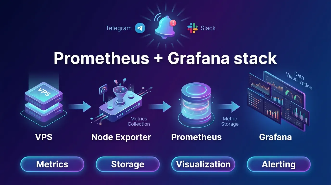 Архитектура Prometheus + Grafana на VPS 2026: VPS → Node Exporter → Prometheus → Grafana с алертами в Telegram и Slack