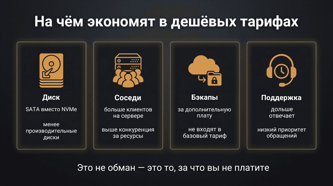 На чём экономят в дешёвых тарифах: SATA вместо NVMe, больше клиентов на сервере, бэкапы за отдельную плату, поддержка отвечает дольше