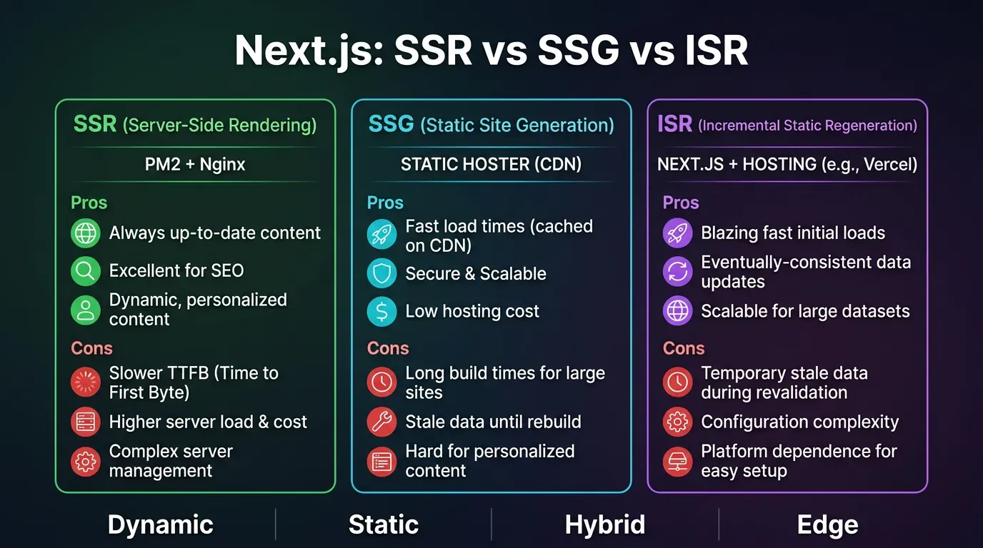 Next.js 2026: SSR (PM2+Nginx) vs SSG (CDN) vs ISR — сравнение Pros/Cons для Dynamic, Static, Hybrid и Edge-рендеринга