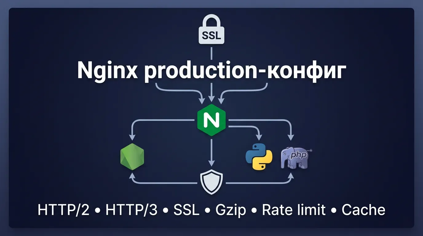 Архитектура Nginx production-конфига на VPS 2026: SSL, HTTP/2, HTTP/3, Gzip, Rate limit, Cache — проксирование Node.js, Python, PHP