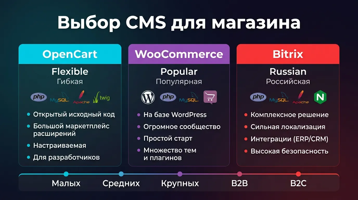 Сравнение OpenCart, WooCommerce и 1С-Битрикс