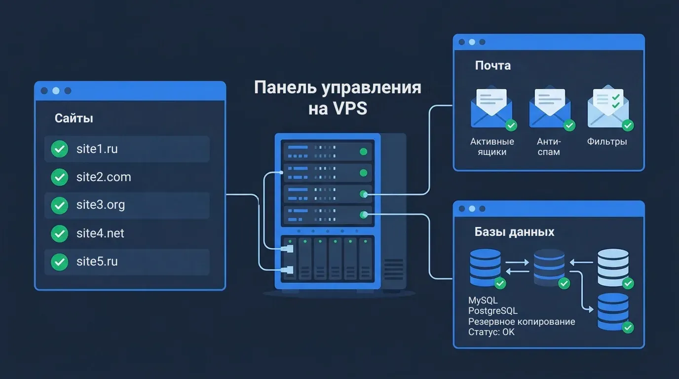 Сервер в центре и три окна панелей управления сайтами, почтой и базами данных вокруг него