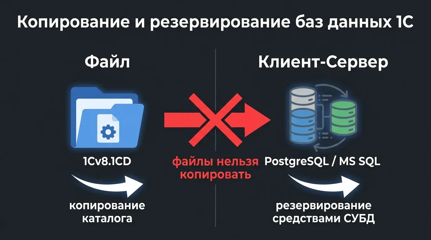 Сравнение переноса файловой базы 1С копированием каталога и клиент-серверной базы через резервную копию СУБД