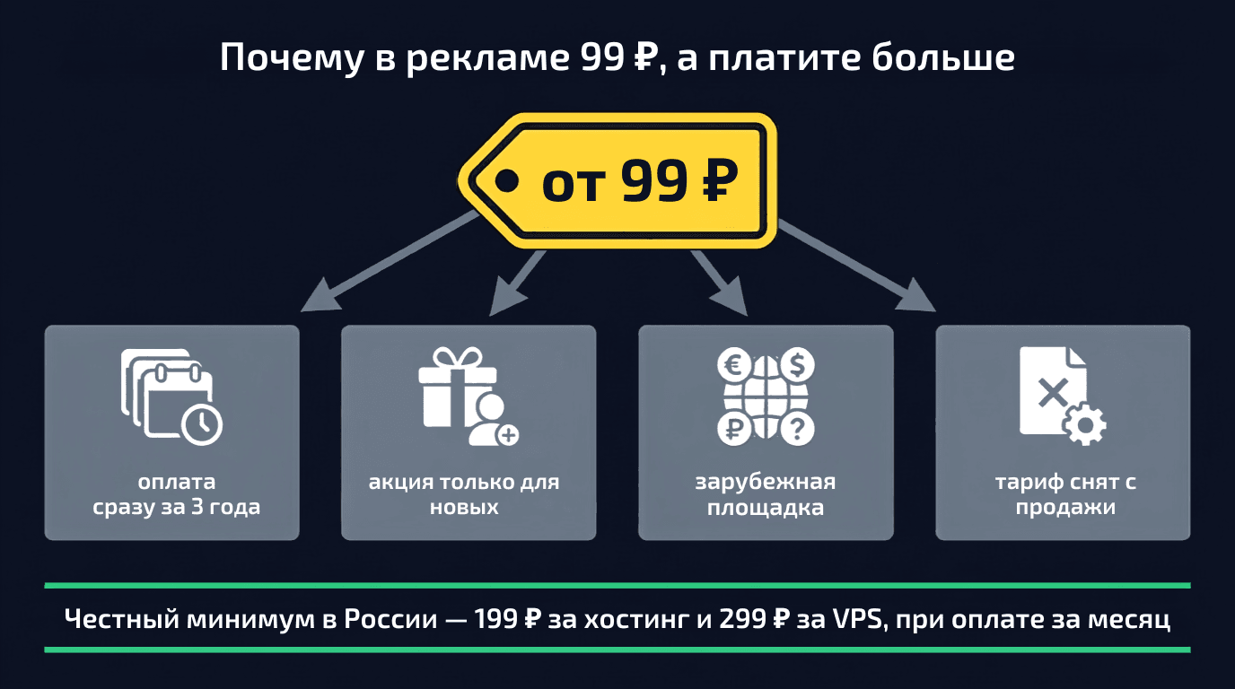 Почему в рекламе 99 ₽, а платите больше: оплата сразу за три года, акция для новых, зарубежная площадка, снятый тариф