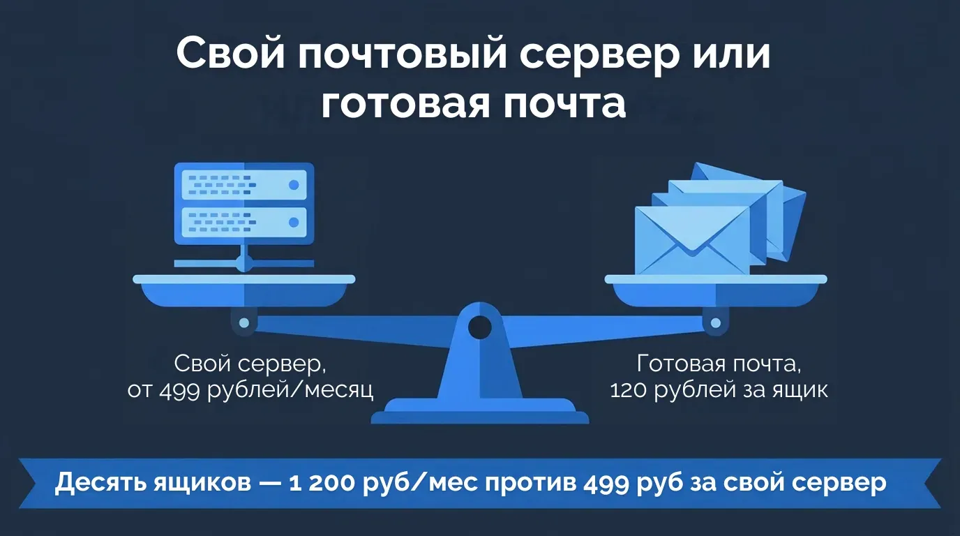 Весы: свой почтовый сервер от 499 ₽ в месяц при оплате за месяц против готовой почты по 120 ₽ за ящик