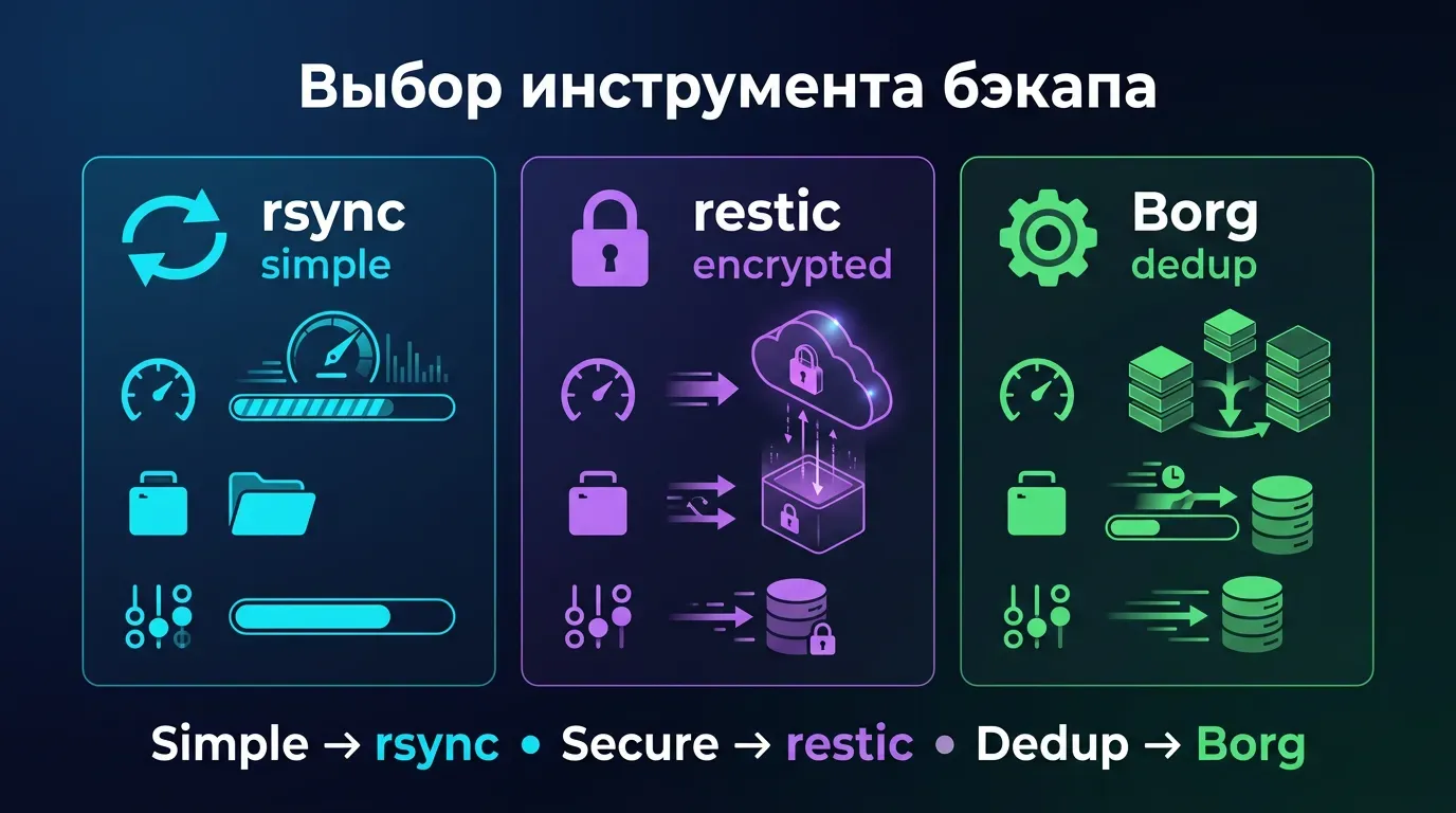Инструменты бэкапа VPS 2026: rsync (simple), restic (encrypted), Borg (dedup) — сравнение скорости, шифрования и дедупликации