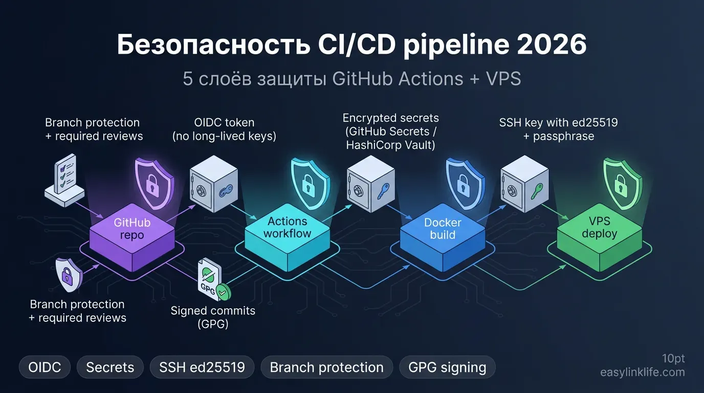 Безопасность CI/CD pipeline 2026: 5 слоёв защиты — OIDC, GitHub Secrets, SSH ed25519 + passphrase, branch protection, GPG signing