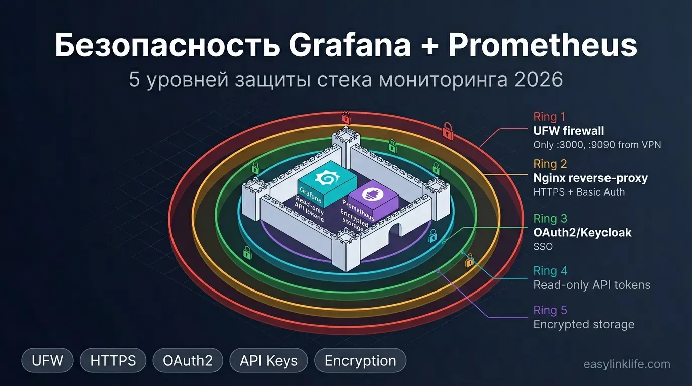 Безопасность Grafana + Prometheus 2026: 5 уровней защиты — UFW, Nginx reverse-proxy HTTPS, OAuth2/Keycloak SSO, API ключи, шифрование