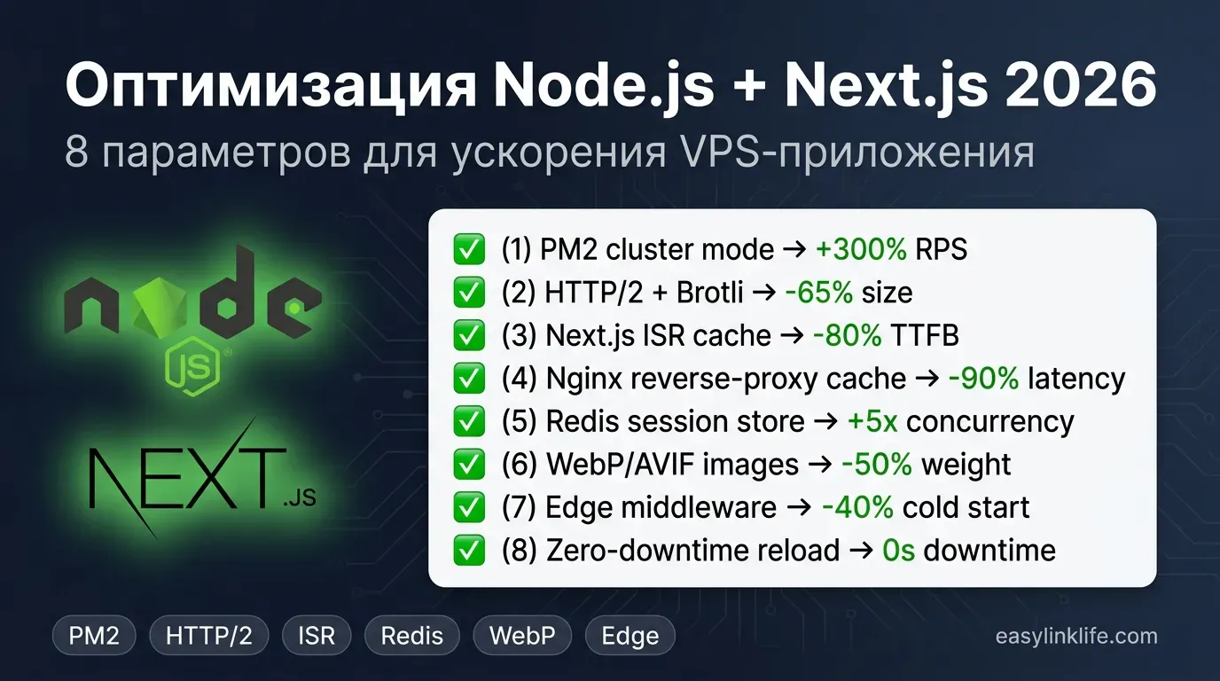 Оптимизация Node.js + Next.js 2026: PM2 cluster +300% RPS, HTTP/2 + Brotli -65% size, ISR cache -80% TTFB, Redis +5x concurrency