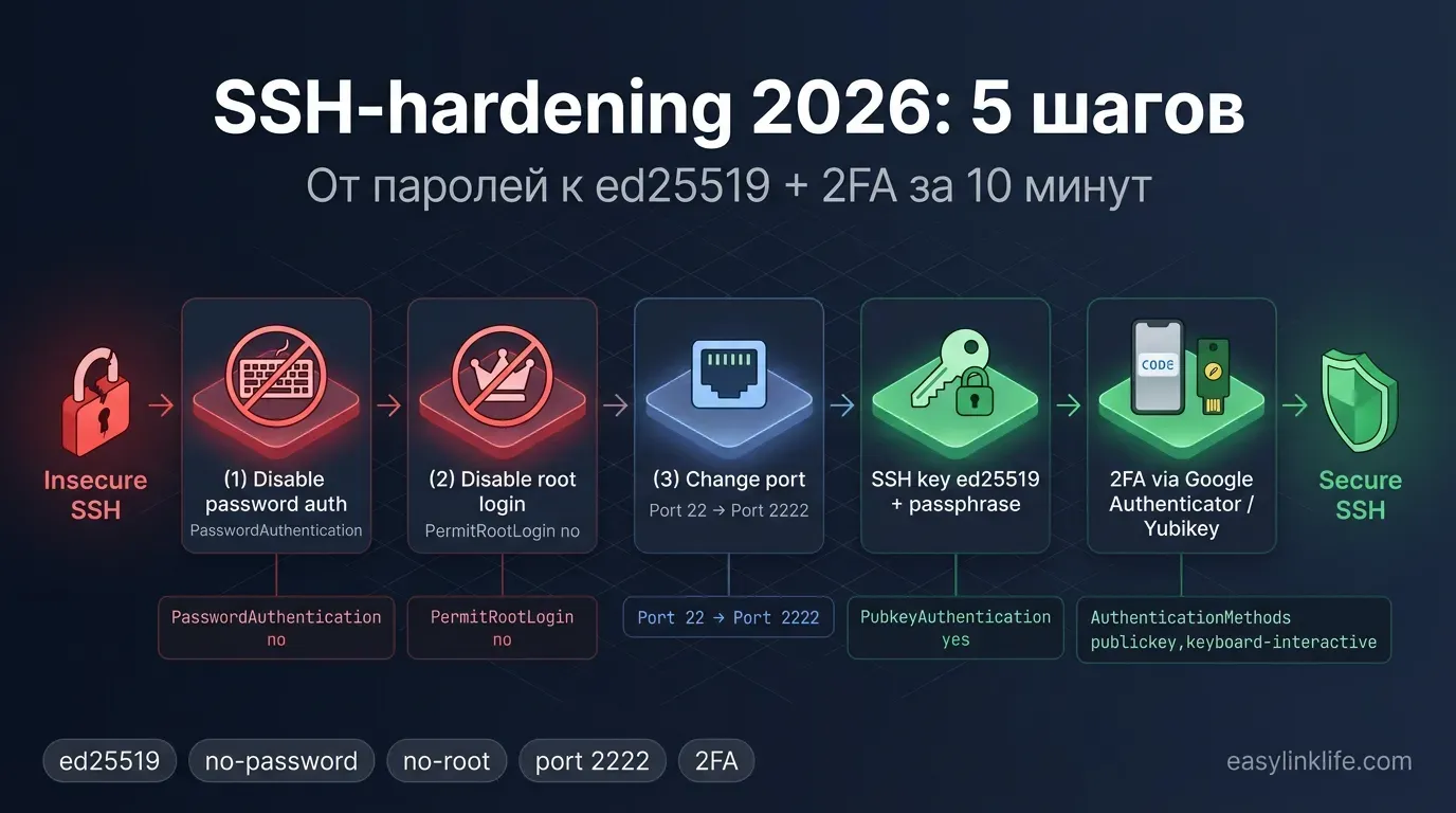 SSH-hardening 2026: 5 шагов от паролей к ed25519 + 2FA — disable password auth, disable root, change port, SSH keys, Google Authenticator/Yubikey