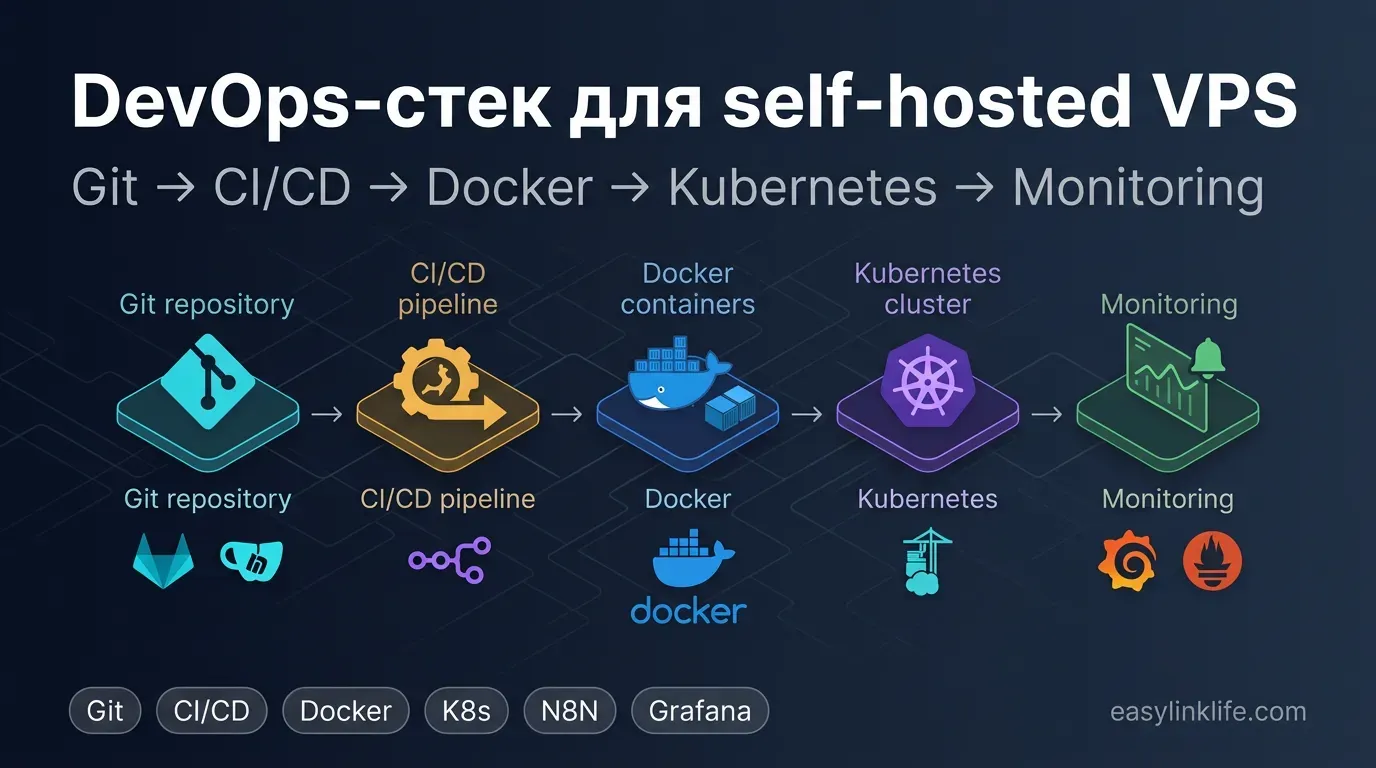 DevOps-стек для self-hosted VPS 2026: Git → CI/CD → Docker → Kubernetes → Monitoring (GitLab/Gitea, N8N, Portainer, Grafana)