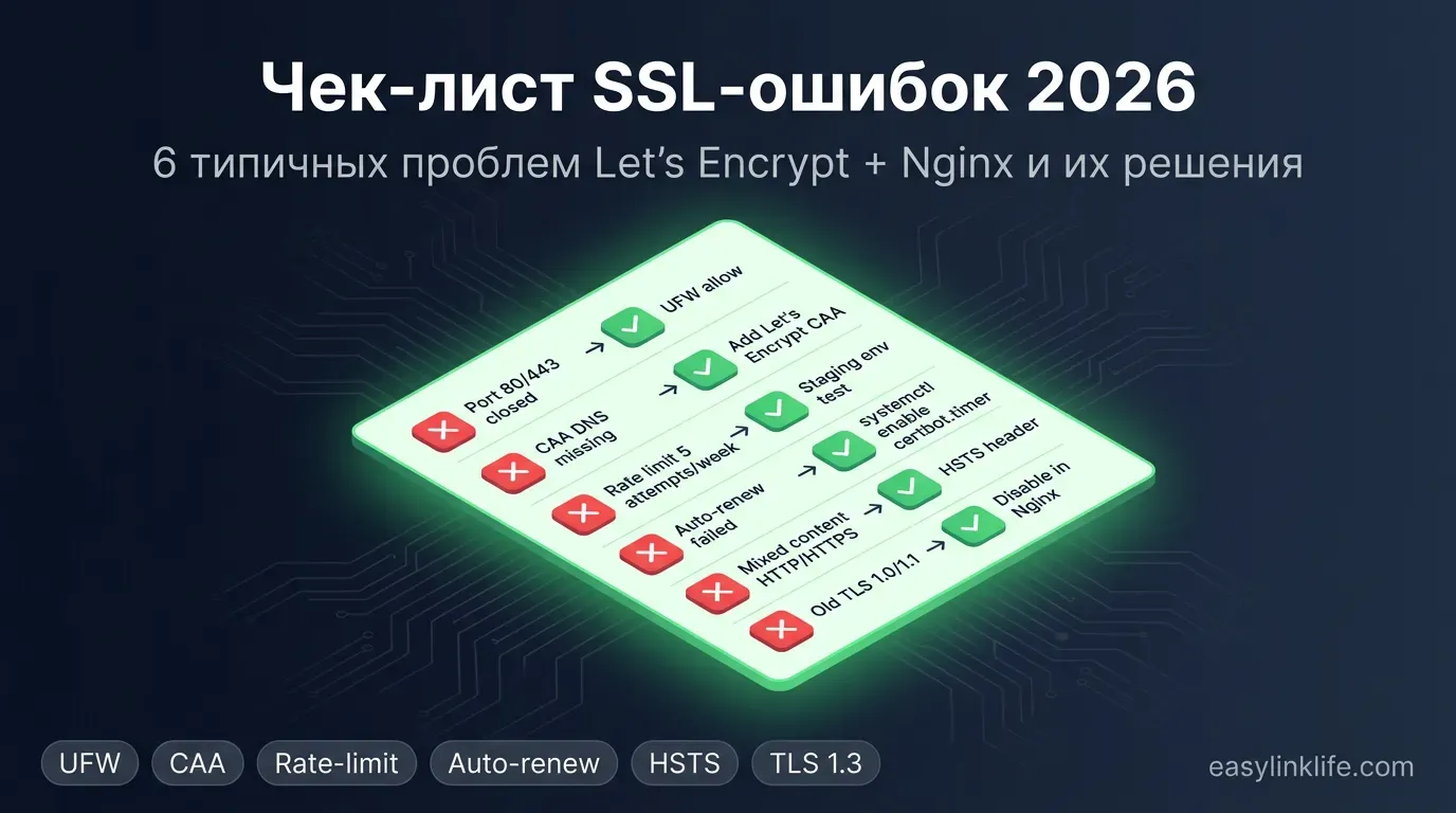Чек-лист 6 типичных SSL-ошибок Let's Encrypt + Nginx 2026: UFW, CAA DNS, rate limit, auto-renew, mixed content, TLS 1.0/1.1