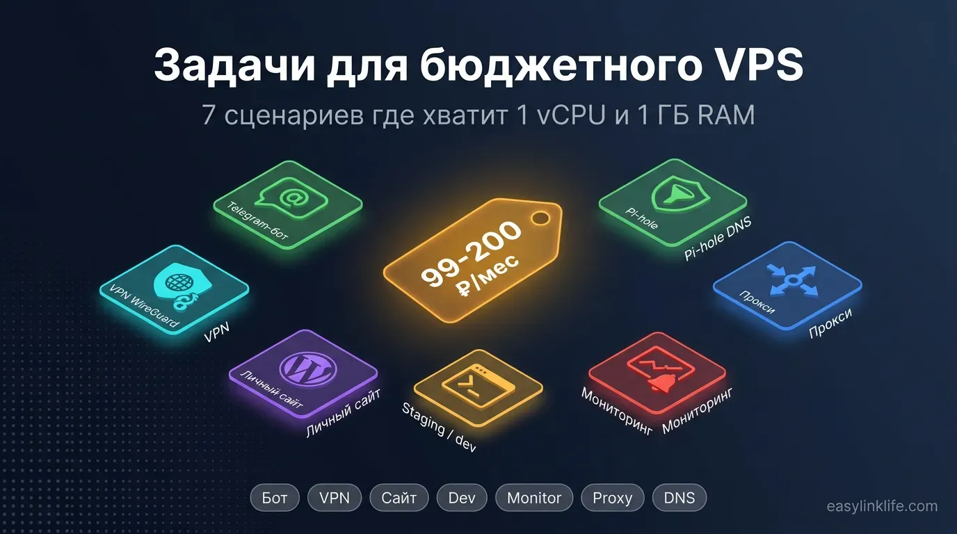 Задачи для бюджетного VPS 99-200 ₽/мес: Telegram-бот, VPN WireGuard, личный сайт, staging/dev, мониторинг, прокси, Pi-hole DNS
