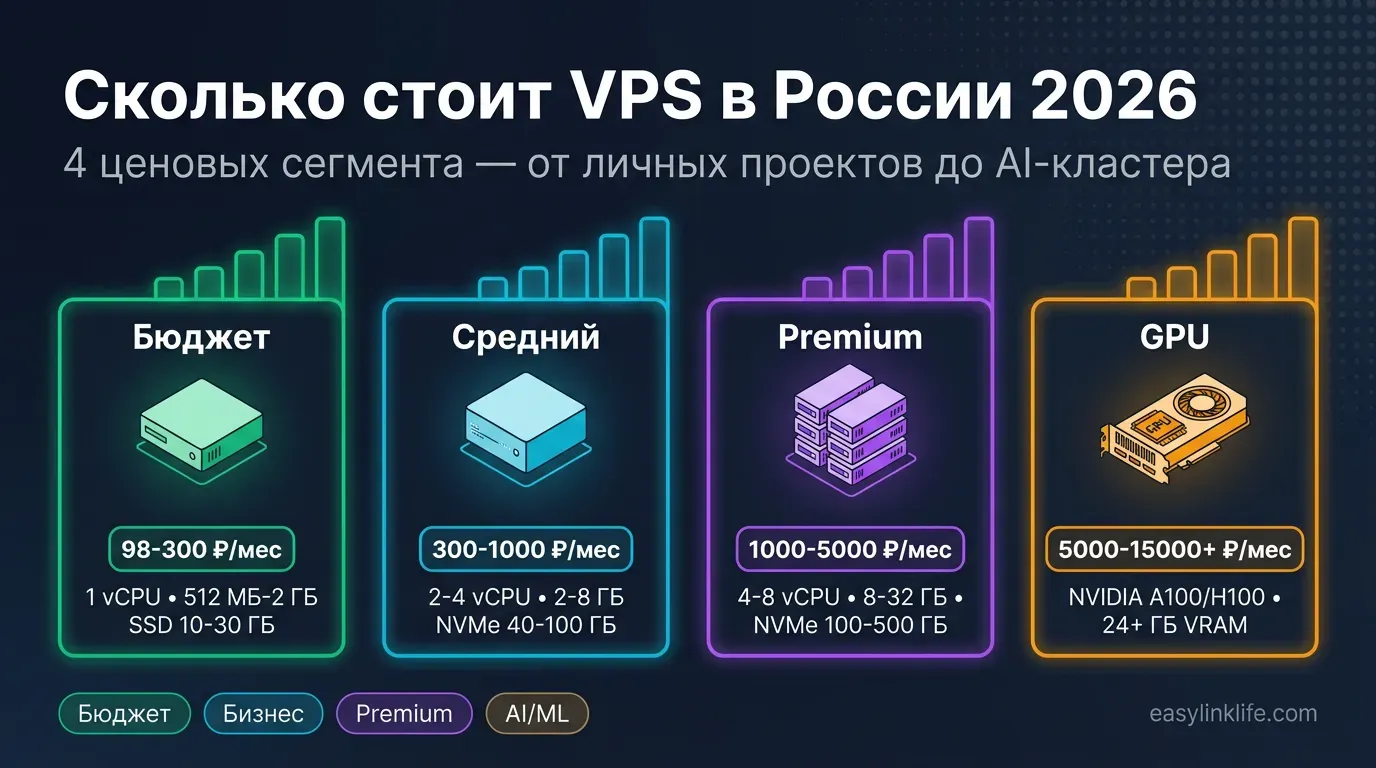 Цены на VPS в России 2026: 4 ценовых сегмента — Бюджет 98-300 ₽, Средний 300-1000 ₽, Premium 1000-5000 ₽, GPU 5000-15000+ ₽/мес