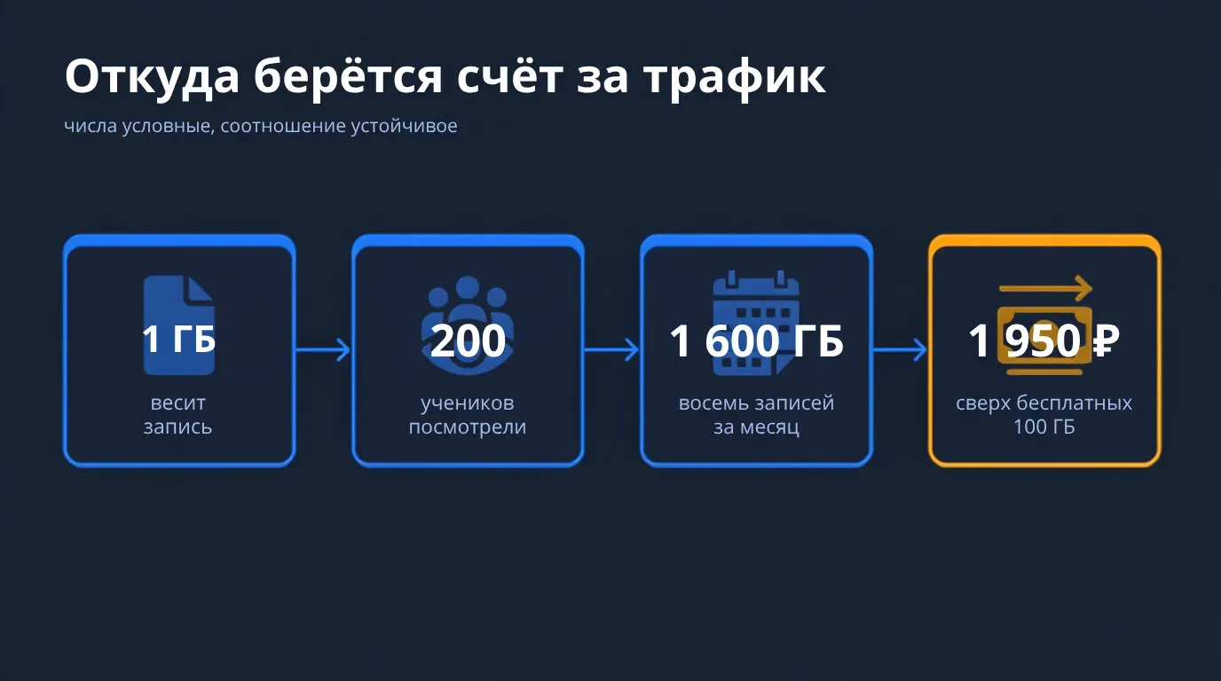 Цепочка расчёта трафика онлайн-школы: вес записи, число зрителей, гигабайты и сумма за месяц