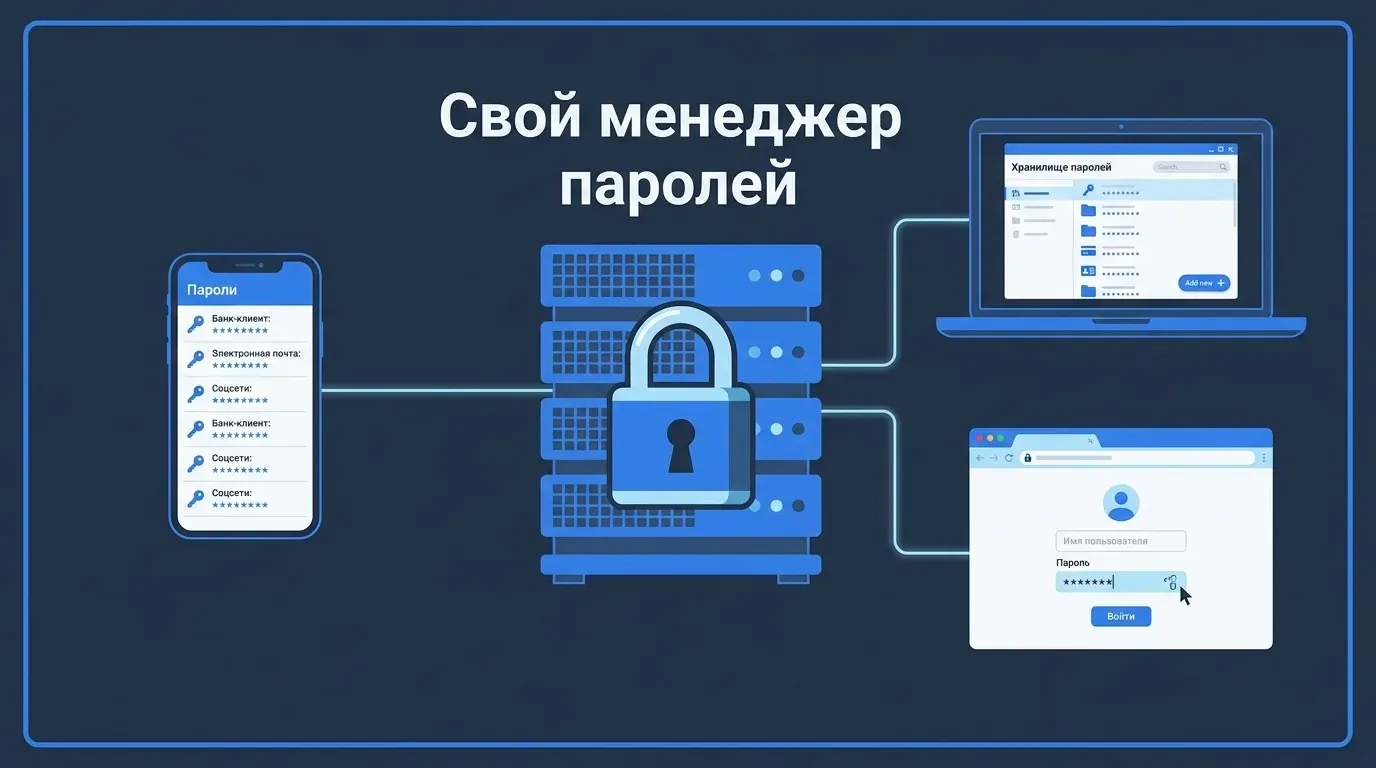 Сервер с замком в центре, вокруг него телефон, ноутбук и браузер с хранилищем паролей