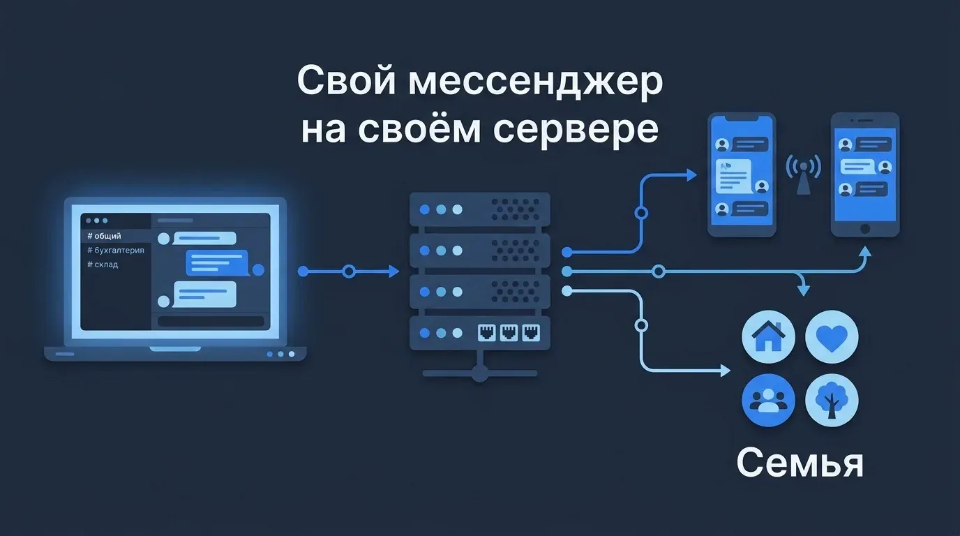 Схема: сервер в центре соединён с ноутбуком с каналами чата, двумя телефонами и группой «Семья»