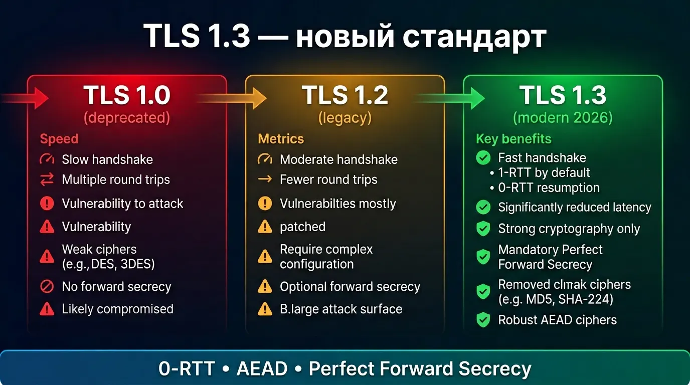 TLS 1.3 — новый стандарт 2026: сравнение TLS 1.0 (deprecated), TLS 1.2 (legacy), TLS 1.3 (modern) — 0-RTT, AEAD, Perfect Forward Secrecy