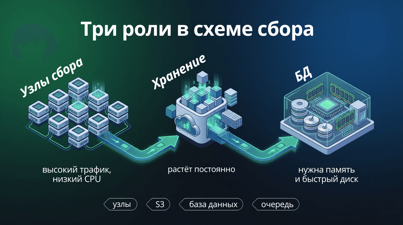 Три роли в схеме сбора данных: узлы сбора с высоким трафиком и низкой нагрузкой на процессор, хранилище, база с памятью и быстрым диском