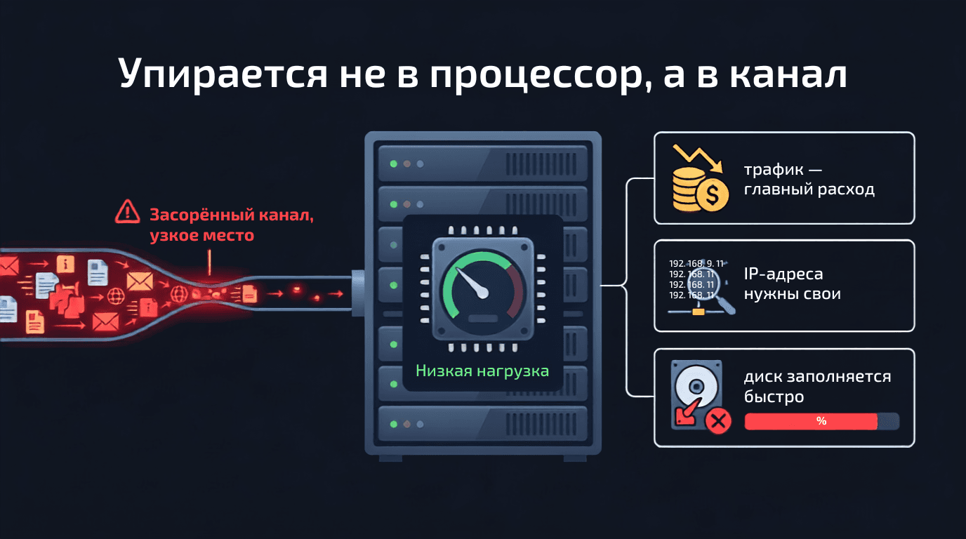 Узкое место при сборе данных — канал, а не процессор: трафик главный расход, нужны свои IP-адреса, диск заполняется быстро