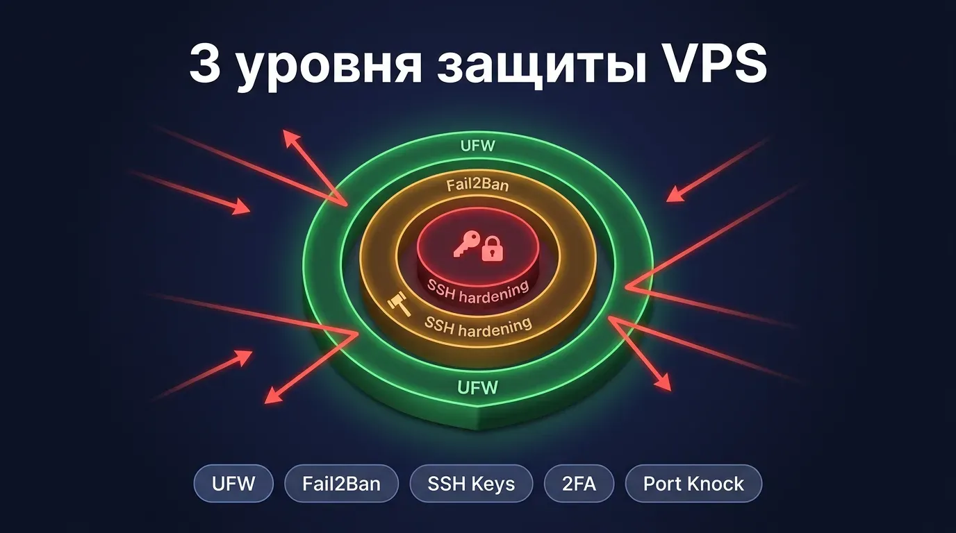 3 уровня защиты VPS 2026: UFW firewall (внешний), Fail2Ban (средний), SSH-hardening (внутренний) — отражают атаки из интернета