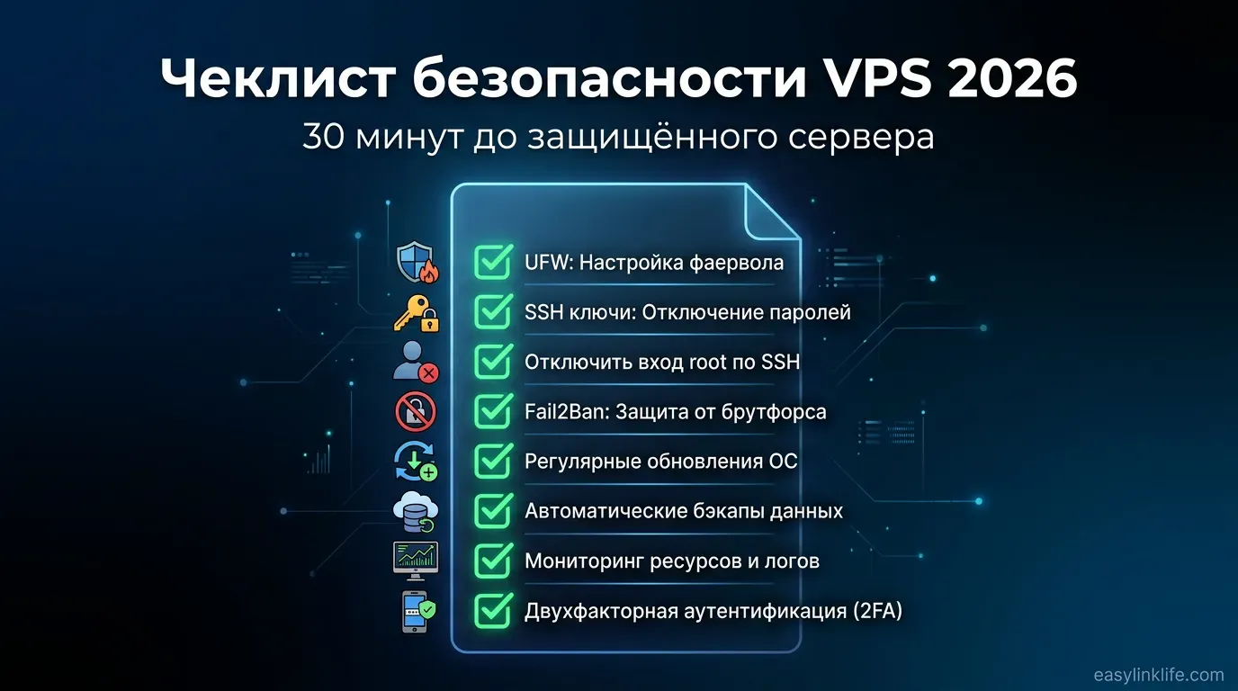 Чеклист безопасности VPS 2026: 8 шагов — UFW, SSH keys, disable root, fail2ban, updates, backup, monitoring, 2FA за 30 минут