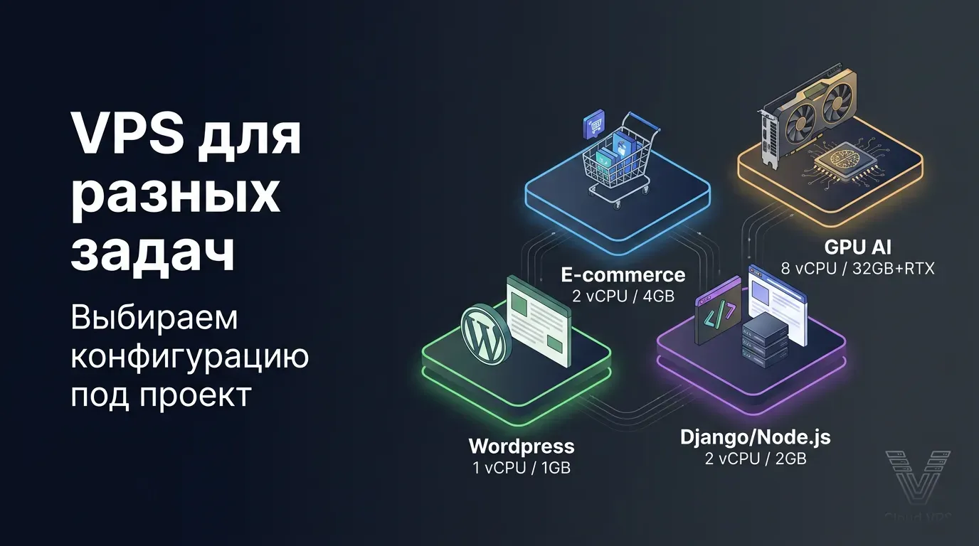 Рекомендуемые конфигурации VPS под задачи 2026: WordPress 1 vCPU/1 ГБ, E-commerce 2 vCPU/4 ГБ, Django/Node.js 2 vCPU/2 ГБ, GPU AI 8 vCPU/32 ГБ
