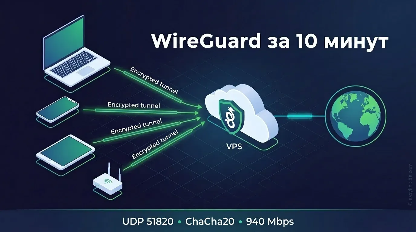 Архитектура WireGuard VPN на VPS: ноутбук, телефон, планшет, роутер через шифрованный туннель к VPS в облаке, UDP 51820, ChaCha20, 940 Мбит/с