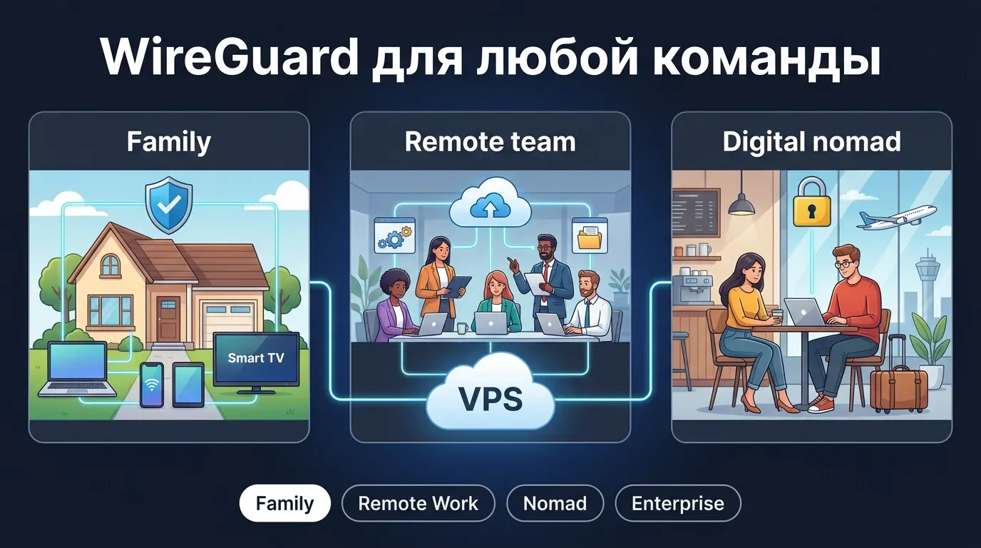 WireGuard VPN сценарии 2026: Family (семья, умный дом), Remote team (удалённая команда), Digital nomad (цифровой кочевник), Enterprise